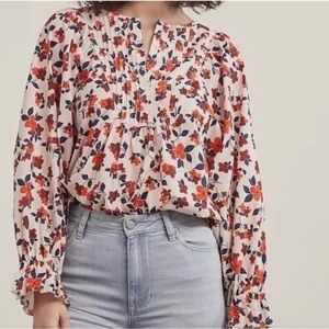 Elizabeth and James Pintuck Floral Print Cottagecore Peasant Blouse Women's‎ S